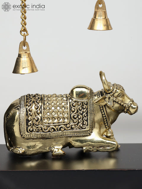 10" Superfine Two Nandi with Dangling Bells | Wood Framed Brass Sculptures | Wall Hanging