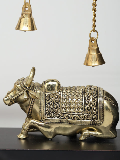 10" Superfine Two Nandi with Dangling Bells | Wood Framed Brass Sculptures | Wall Hanging