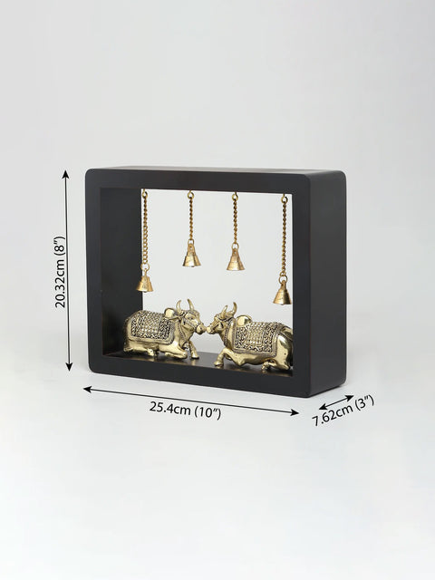10" Superfine Two Nandi with Dangling Bells | Wood Framed Brass Sculptures | Wall Hanging