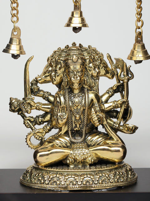 9" Superfine Ten Armed Sitting Panchamukhi Lord Hanuman | Wood Framed Brass Sculpture | Wall Hanging