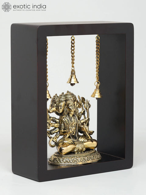 9" Superfine Ten Armed Sitting Panchamukhi Lord Hanuman | Wood Framed Brass Sculpture | Wall Hanging