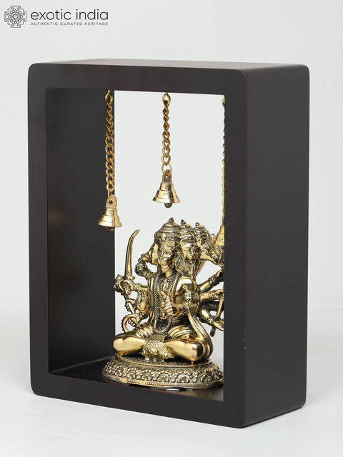 9" Superfine Ten Armed Sitting Panchamukhi Lord Hanuman | Wood Framed Brass Sculpture | Wall Hanging