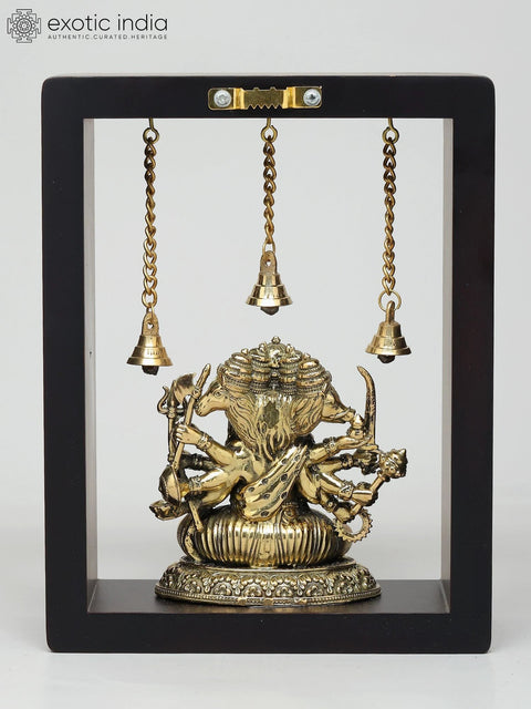 9" Superfine Ten Armed Sitting Panchamukhi Lord Hanuman | Wood Framed Brass Sculpture | Wall Hanging