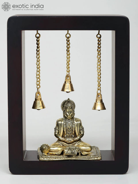 8" Superfine Sitting Lord Hanuman with Dangling Bells | Wood Framed Brass Sculpture | Wall Hanging