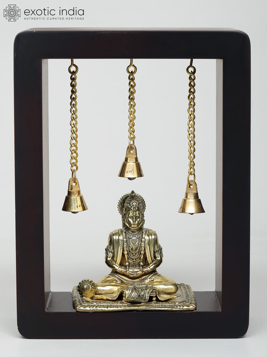 8" Handmade Sitting Hanuman Brass Sculpture with Dangling Bells