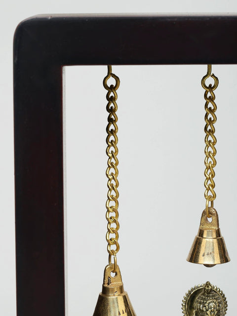 8" Superfine Sitting Lord Hanuman with Dangling Bells | Wood Framed Brass Sculpture | Wall Hanging