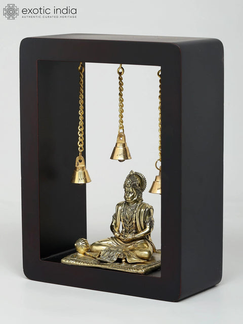 8" Superfine Sitting Lord Hanuman with Dangling Bells | Wood Framed Brass Sculpture | Wall Hanging