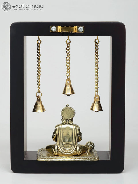 8" Superfine Sitting Lord Hanuman with Dangling Bells | Wood Framed Brass Sculpture | Wall Hanging