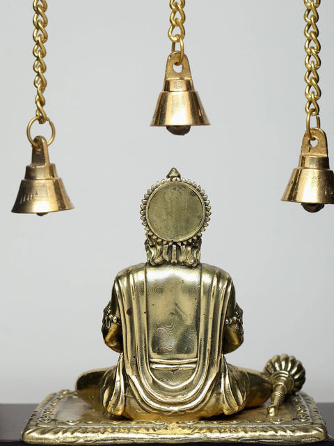 8" Superfine Sitting Lord Hanuman with Dangling Bells | Wood Framed Brass Sculpture | Wall Hanging