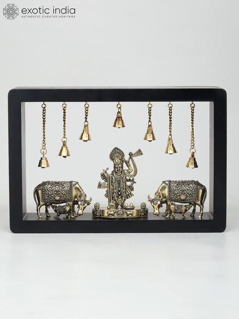 12" Superfine Shrinathji with Cows | Wood Framed Brass Sculptures | Wall Hanging
