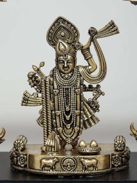 12" Superfine Shrinathji with Cows | Wood Framed Brass Sculptures | Wall Hanging