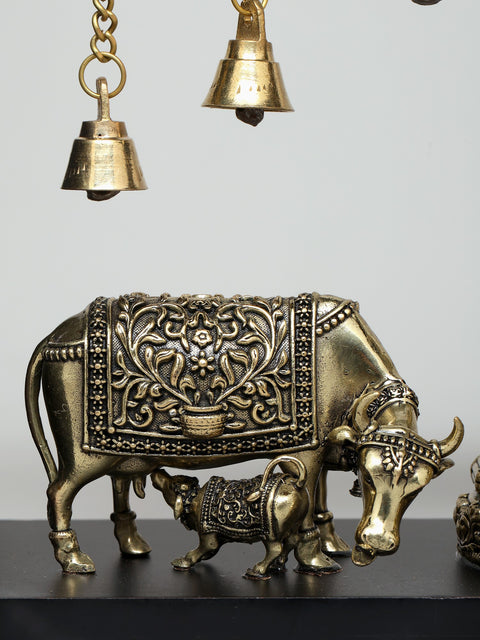 12" Superfine Shrinathji with Cows | Wood Framed Brass Sculptures | Wall Hanging
