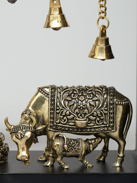 12" Superfine Shrinathji with Cows | Wood Framed Brass Sculptures | Wall Hanging