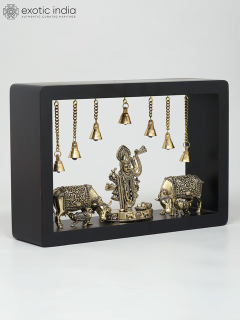 12" Superfine Shrinathji with Cows | Wood Framed Brass Sculptures | Wall Hanging