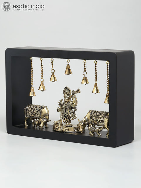 12" Superfine Shrinathji with Cows | Wood Framed Brass Sculptures | Wall Hanging