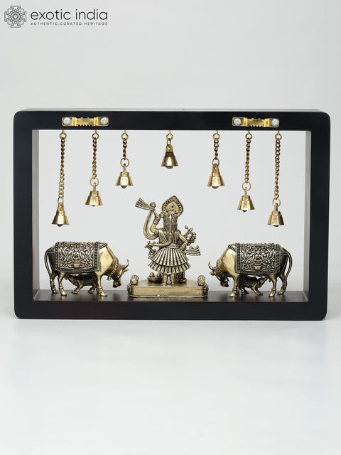 12" Superfine Shrinathji with Cows | Wood Framed Brass Sculptures | Wall Hanging