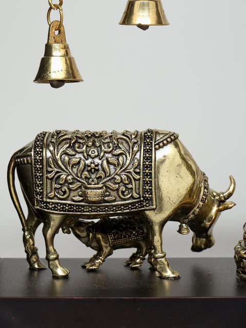 12" Superfine Shrinathji with Cows | Wood Framed Brass Sculptures | Wall Hanging