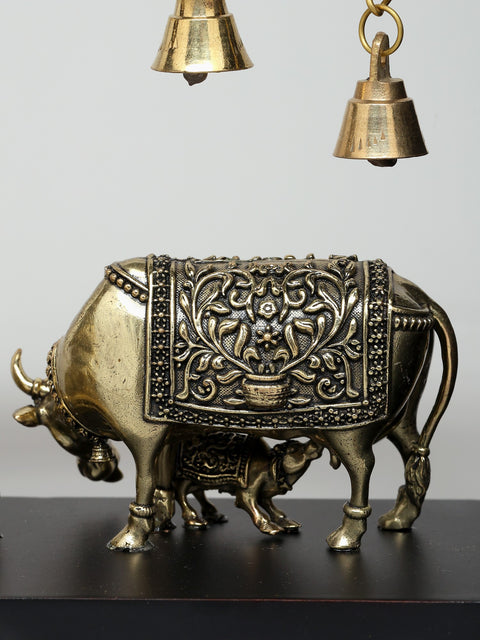 12" Superfine Shrinathji with Cows | Wood Framed Brass Sculptures | Wall Hanging