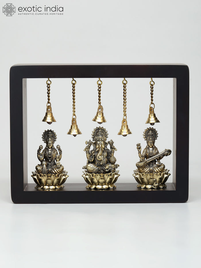 9" Brass Lakshmi Ganesha Saraswati Wall Hanging with Wood Frame