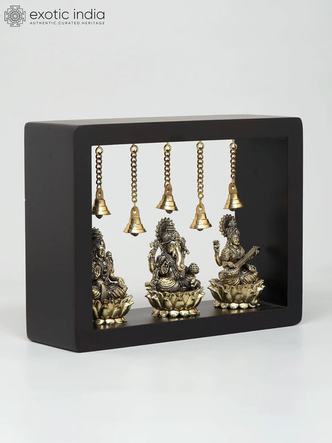 9" Wood Framed Superfine Lakshmi Ganesha Saraswati Statues in Brass | Wall Hanging
