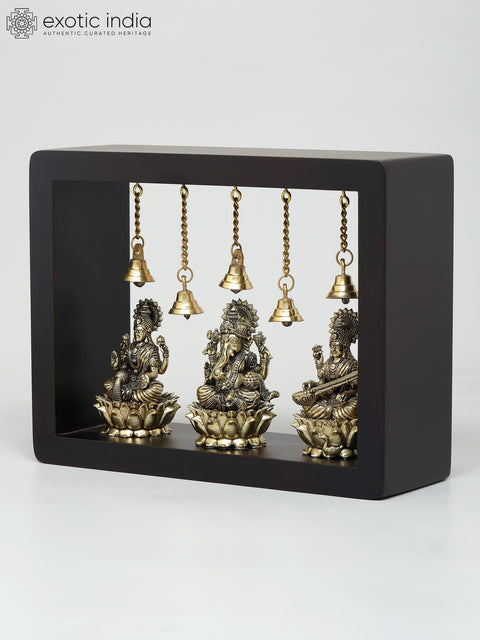 9" Wood Framed Superfine Lakshmi Ganesha Saraswati Statues in Brass | Wall Hanging