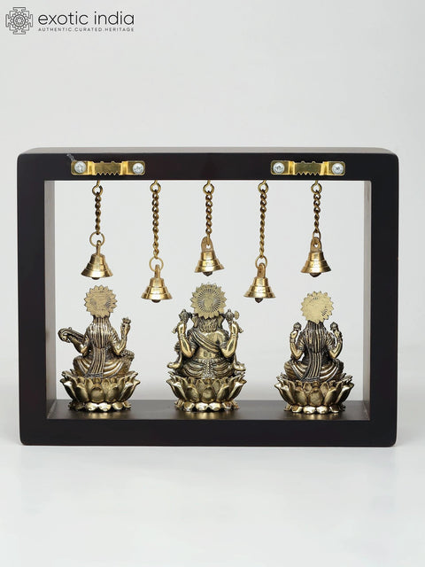 9" Wood Framed Superfine Lakshmi Ganesha Saraswati Statues in Brass | Wall Hanging