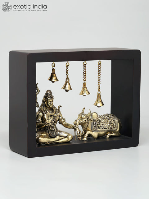 9" Superfine Sitting Lord Shiva with Nandi  | Wood Framed Brass Sculptures | Wall Hanging