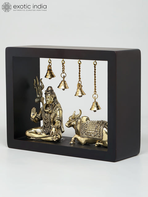 9" Superfine Sitting Lord Shiva with Nandi  | Wood Framed Brass Sculptures | Wall Hanging