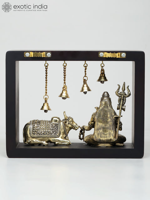 9" Superfine Sitting Lord Shiva with Nandi  | Wood Framed Brass Sculptures | Wall Hanging
