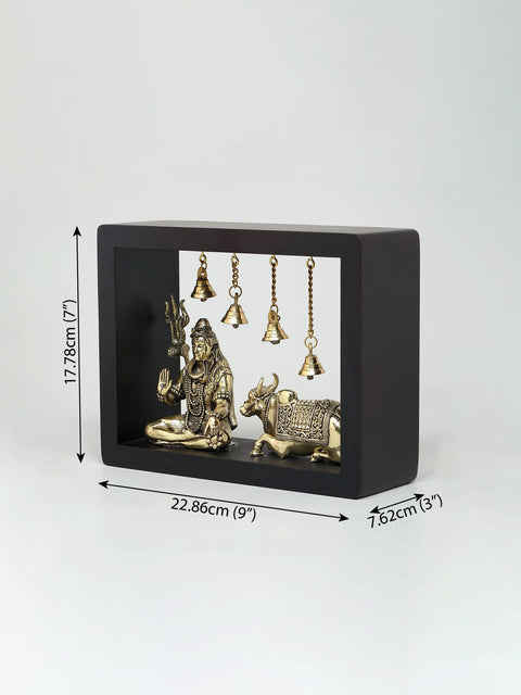 9" Superfine Sitting Lord Shiva with Nandi  | Wood Framed Brass Sculptures | Wall Hanging