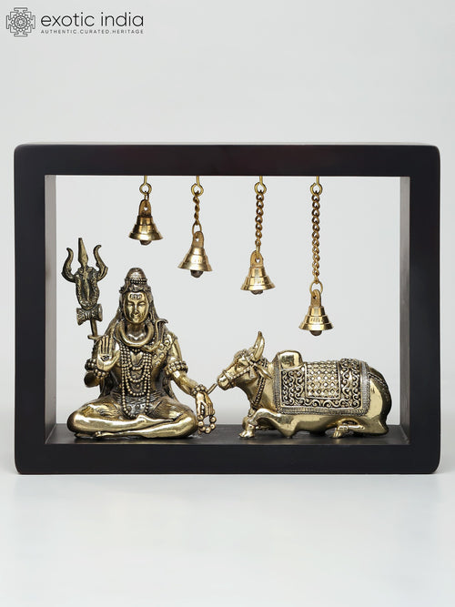 9" Handmade Sitting Lord Shiva with Nandi Brass Wall Hanging