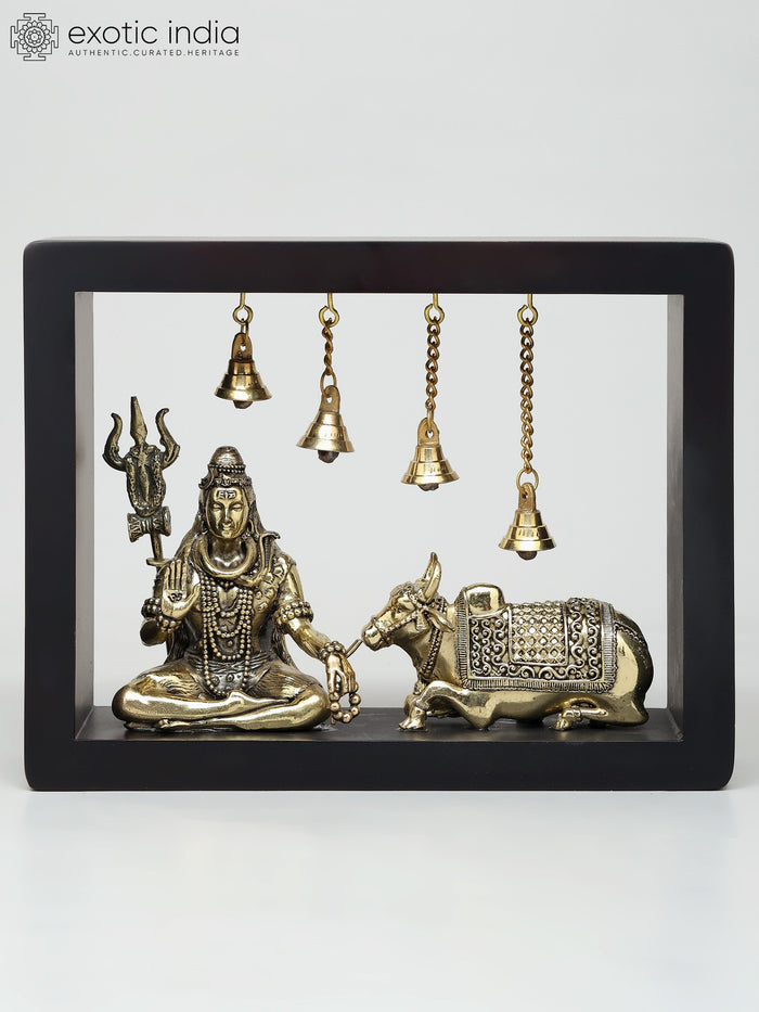 9" Handmade Sitting Lord Shiva with Nandi Brass Wall Hanging