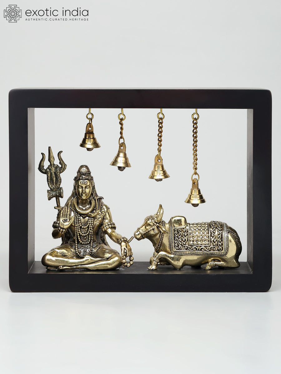 9" Handmade Sitting Lord Shiva with Nandi Brass Wall Hanging