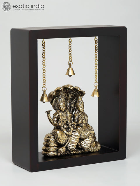 10" Superfine Lakshmi-Narayan (Vishnu-Lakshmi) Seated on Sheshnag | Wood Framed Brass Sculpture | Wall Hanging