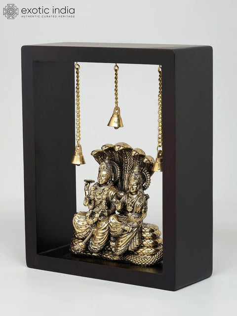 10" Superfine Lakshmi-Narayan (Vishnu-Lakshmi) Seated on Sheshnag | Wood Framed Brass Sculpture | Wall Hanging