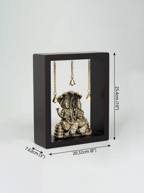 10" Superfine Lakshmi-Narayan (Vishnu-Lakshmi) Seated on Sheshnag | Wood Framed Brass Sculpture | Wall Hanging