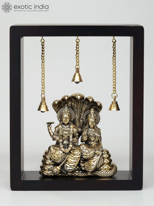 10" Lakshmi Narayan Handmade Brass Wall Hanging Sculpture with Wood Frame