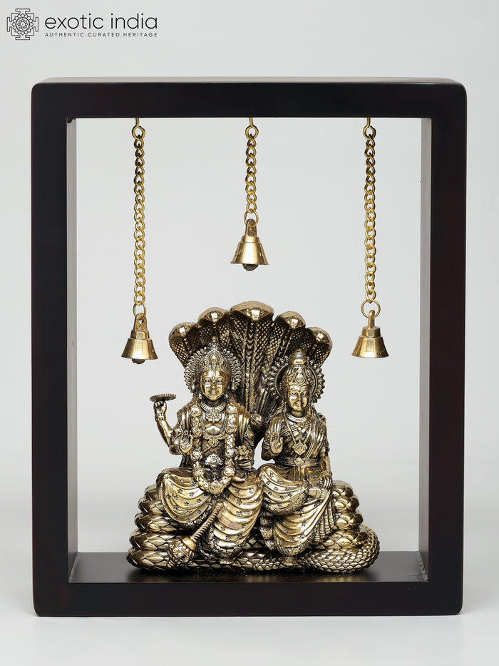 10" Lakshmi Narayan Handmade Brass Wall Hanging Sculpture with Wood Frame
