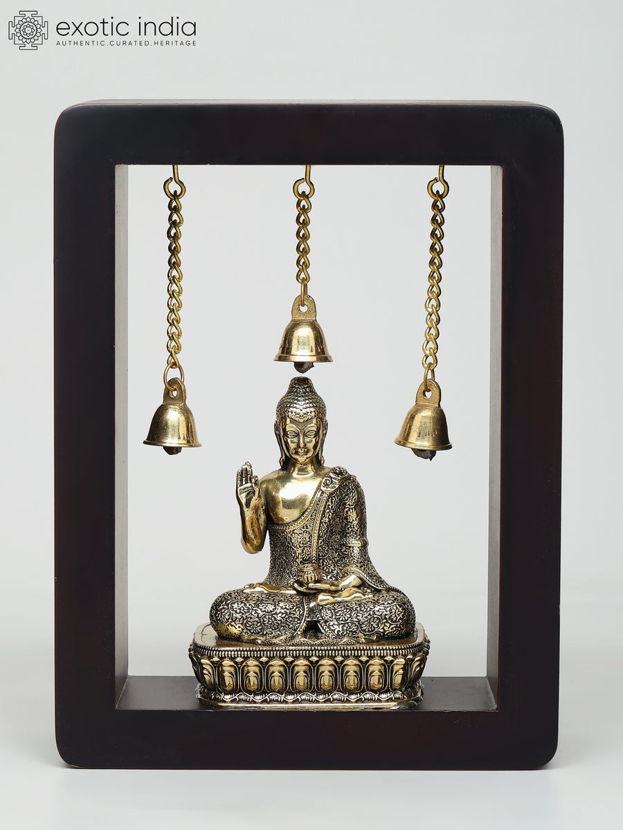 8" Brass Sitting Buddha Wall Hanging with Wood Frame