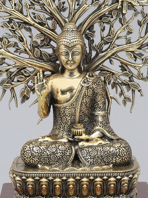 8" Superfine Lord Buddha Seated Under The Bodhi Tree on Wood Base | Brass Statue