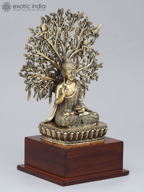 8" Superfine Lord Buddha Seated Under The Bodhi Tree on Wood Base | Brass Statue