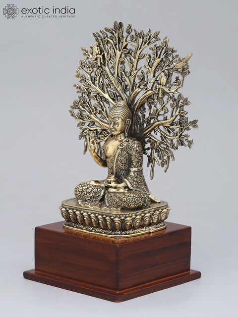 8" Superfine Lord Buddha Seated Under The Bodhi Tree on Wood Base | Brass Statue