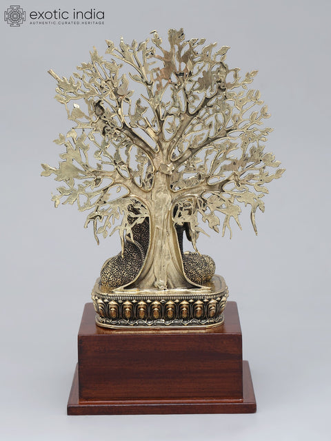 8" Superfine Lord Buddha Seated Under The Bodhi Tree on Wood Base | Brass Statue