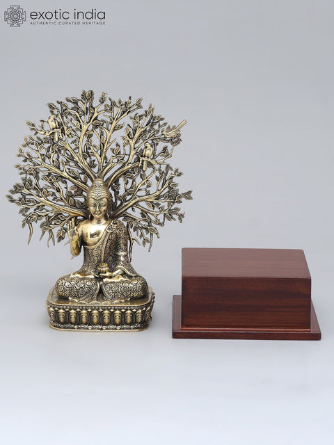 8" Superfine Lord Buddha Seated Under The Bodhi Tree on Wood Base | Brass Statue