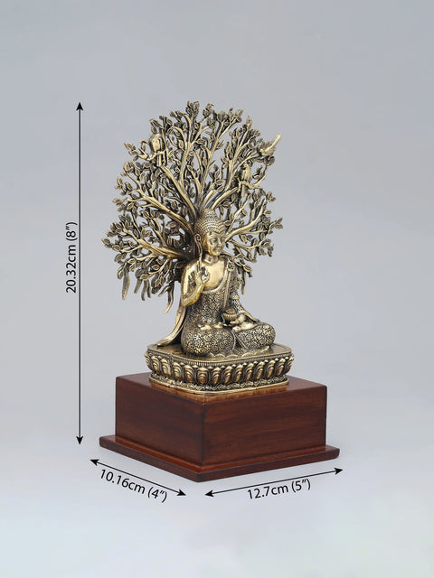 8" Superfine Lord Buddha Seated Under The Bodhi Tree on Wood Base | Brass Statue