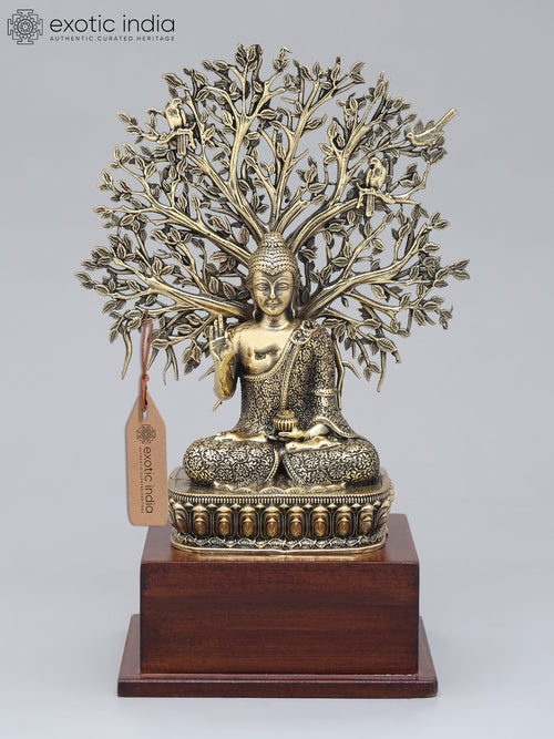 8" Handmade Lord Buddha Seated Under Bodhi Tree Brass Statue
