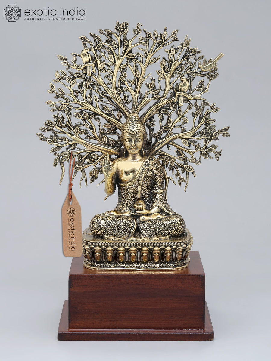 8" Handmade Lord Buddha Seated Under Bodhi Tree Brass Statue