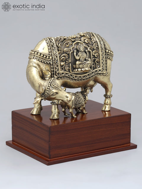 7" Superfine Cow and Calf on Wood Base | Brass Idol