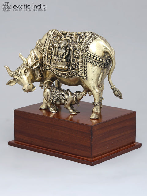 7" Superfine Cow and Calf on Wood Base | Brass Idol