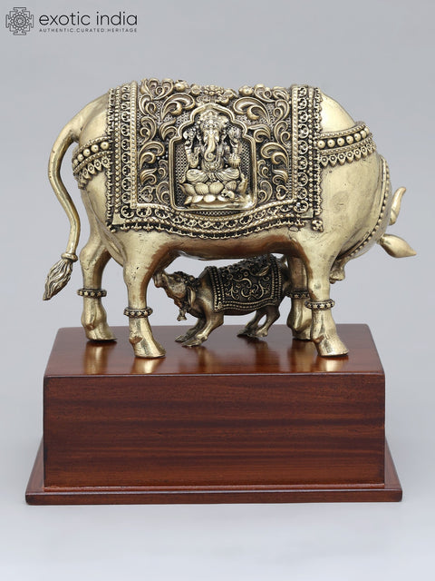 7" Superfine Cow and Calf on Wood Base | Brass Idol